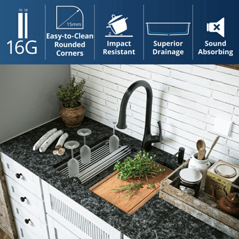 Elite Stainless Steel Undermount 16G Single Bowl Workstation Kitchen Sink Kit, 23" x 18-3/4" x 10" Alt 8 - Image