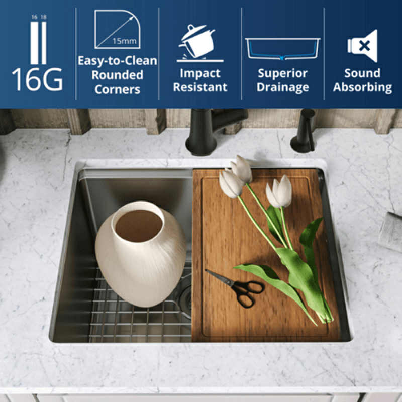 Elite Stainless Steel Undermount 16G Single Bowl Workstation Kitchen Sink Kit with Deeper Bowl, 23" x 18-3/4" x 14" Alt 9 - Image