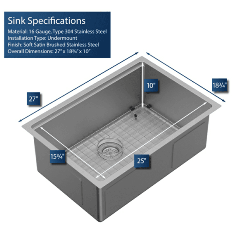 Elite Stainless Steel Undermount 16G Single Bowl Workstation Kitchen Sink Kit, 27" x 18-3/4" x 10" Alt 5 - Image