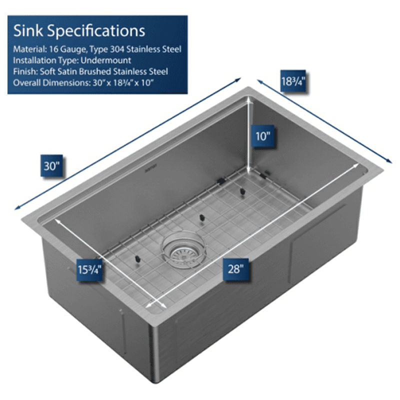 Elite Stainless Steel Undermount Single Bowl Workstation Kitchen Sink Kit, 30" x 18-3/4" x 10" Alt 1 - Image