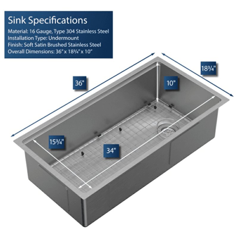 Elite Stainless Steel Undermount Single Bowl Workstation Kitchen Sink Kit, 36" x 18-3/4" x 10" Alt 1 - Image