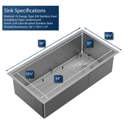 Elite Stainless Steel Undermount Single Bowl Workstation Kitchen Sink Kit, 36" x 18-3/4" x 10" Alt 1 - Image
