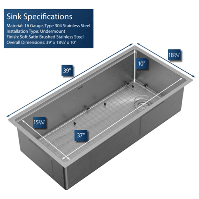 Elite Stainless Steel Undermount Single Bowl Workstation Kitchen Sink Kit, 39" x 18-3/4" x 10" Alt 1 - Image