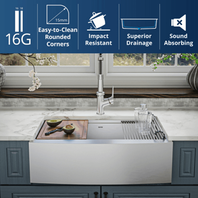 Elite Stainless Steel Farmhouse/Apron Front 16G Single Bowl Workstation Sink Kit, 30" x 21" x 10" Alt 8 - Image