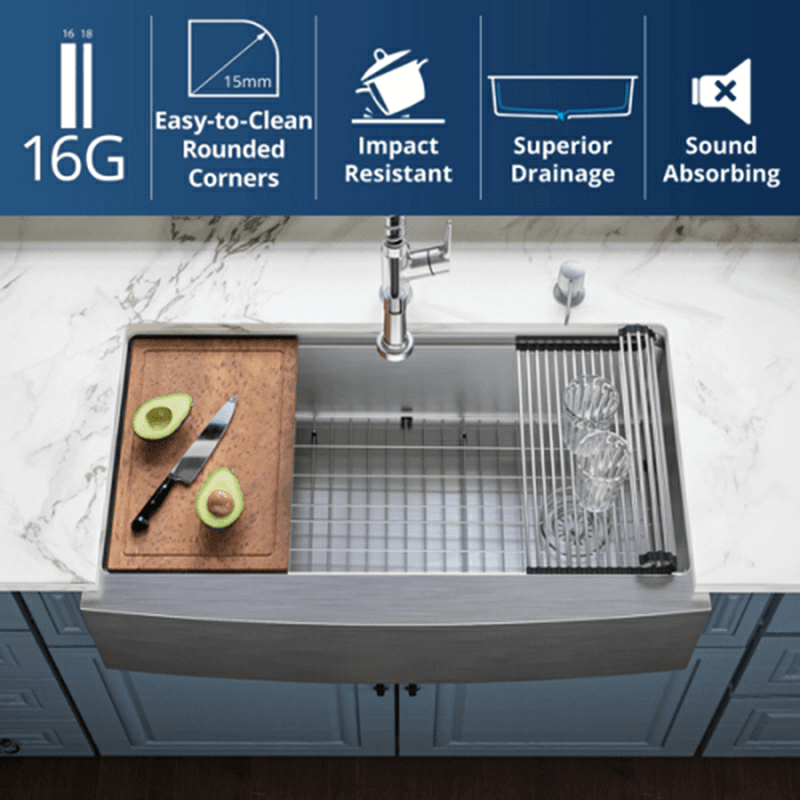 Elite Stainless Steel Farmhouse/Apron Front 16G Single Bowl Workstation Sink Kit, 36" x 21" x 10" Alt 9 - Image
