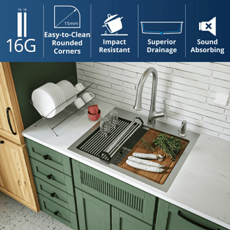 Elite Stainless Steel Top-Mount 16G Single Bowl Workstation Kitchen Sink Kit, 25" x 22" x 10" Alt 5 - Image