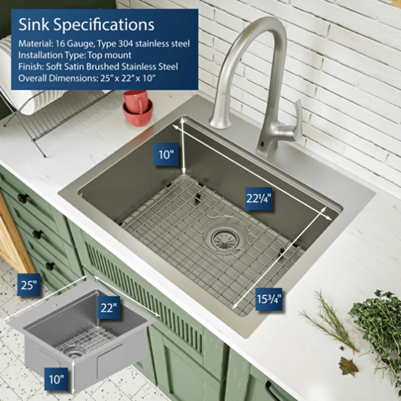 Elite Stainless Steel Top-Mount 16G Single Bowl Workstation Kitchen Sink Kit, 25" x 22" x 10" Alt 7 - Image