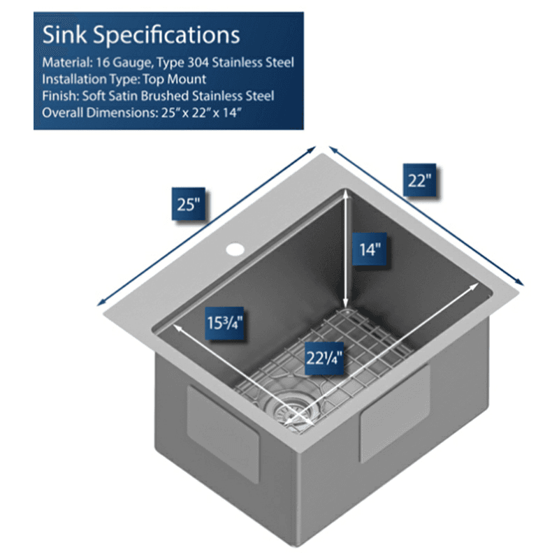 Elite Stainless Steel Top-Mount 16G Single Bowl Workstation Kitchen Sink Kit with Deeper Bowl, 25" x 22" x 14" Alt 6 - Image