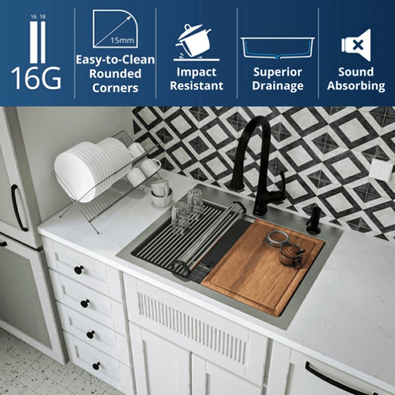 Elite Stainless Steel Top-Mount 16G Single Bowl Workstation Kitchen Sink Kit with Deeper Bowl, 25" x 22" x 14" Alt 8 - Image