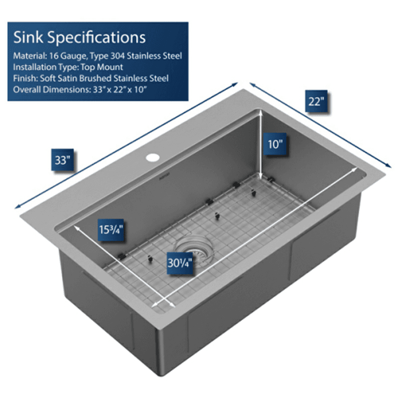 Elite Stainless Steel Top-Mount Single Bowl Workstation Kitchen Sink Kit, 33" x 22" x 10" Alt 1 - Image