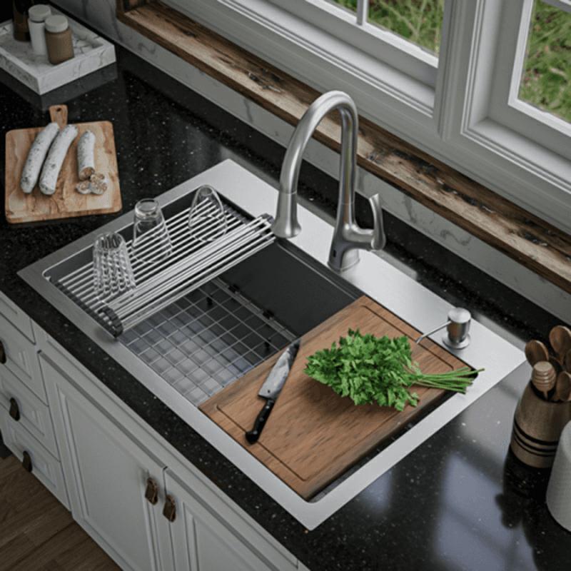 Elite Stainless Steel Top-Mount Single Bowl Workstation Kitchen Sink Kit, 33" x 22" x 10" Alt 2 - Image