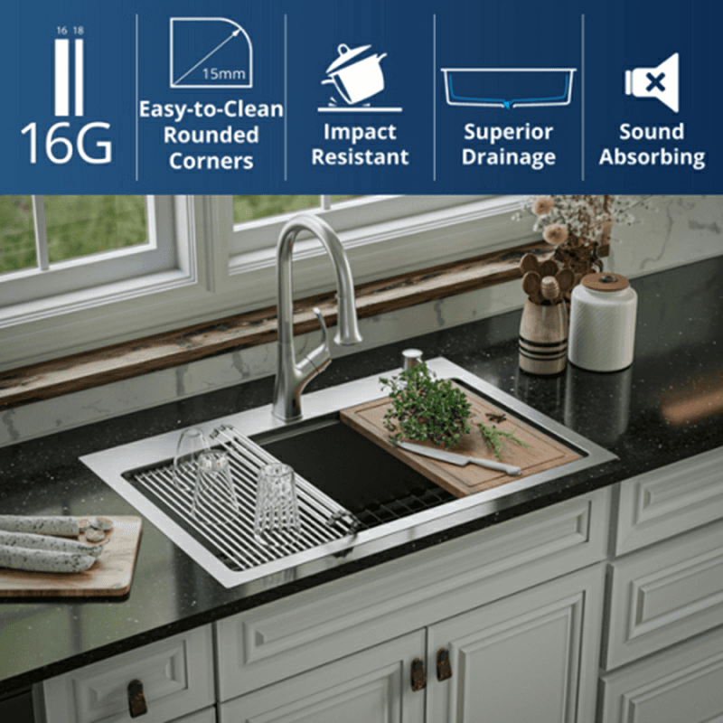 Elite Stainless Steel Top-Mount Single Bowl Workstation Kitchen Sink Kit, 33" x 22" x 10" Alt 5 - Image