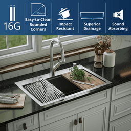 Elite Stainless Steel Top-Mount Single Bowl Workstation Kitchen Sink Kit, 33" x 22" x 10" Alt 5 - Image