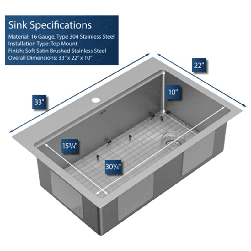 Elite Stainless Steel Top-Mount Single Bowl Workstation Kitchen Sink Kit with Right Drain, 33" x 22" x 10" Alt 1 - Image