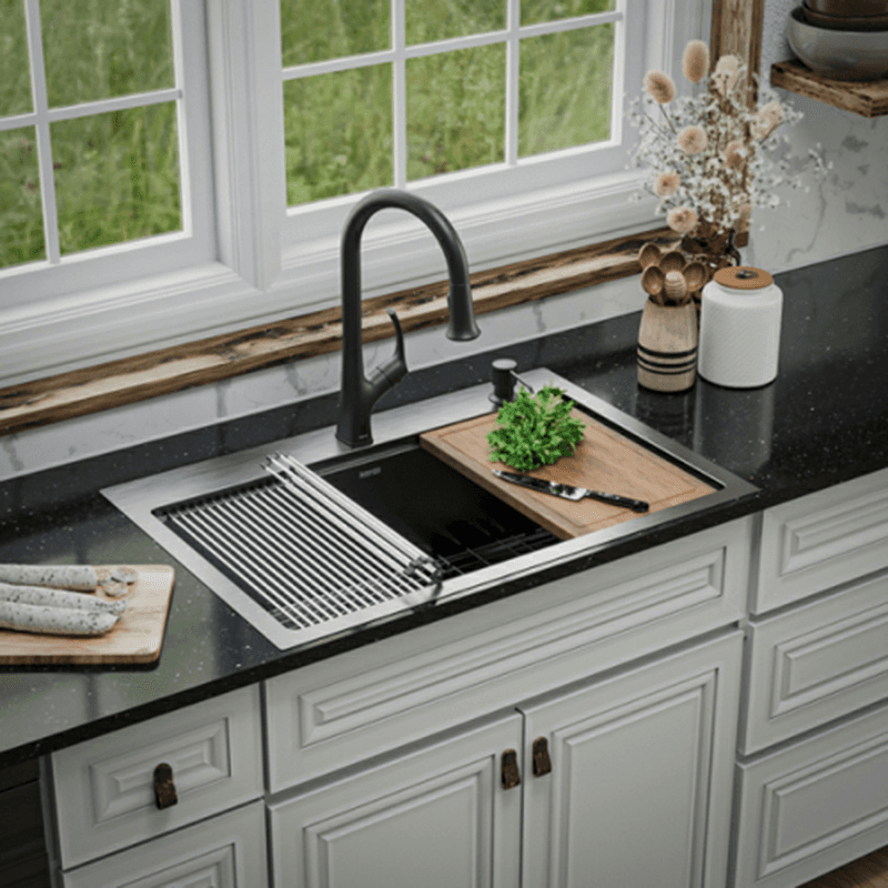 Elite Stainless Steel Top-Mount Single Bowl Workstation Kitchen Sink Kit with Right Drain, 33" x 22" x 10" Alt 10 - Image
