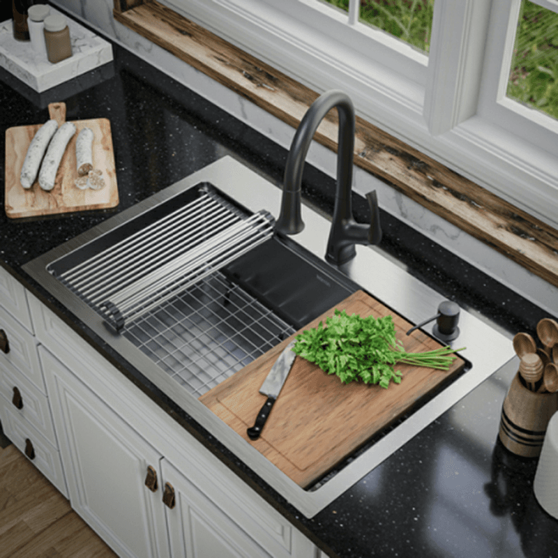 Elite Stainless Steel Top-Mount Single Bowl Workstation Kitchen Sink Kit with Right Drain, 33" x 22" x 10" Alt 2 - Image