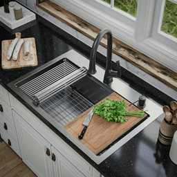 Elite Stainless Steel Top-Mount Single Bowl Workstation Kitchen Sink Kit with Right Drain, 33" x 22" x 10" Alt 2 - Image