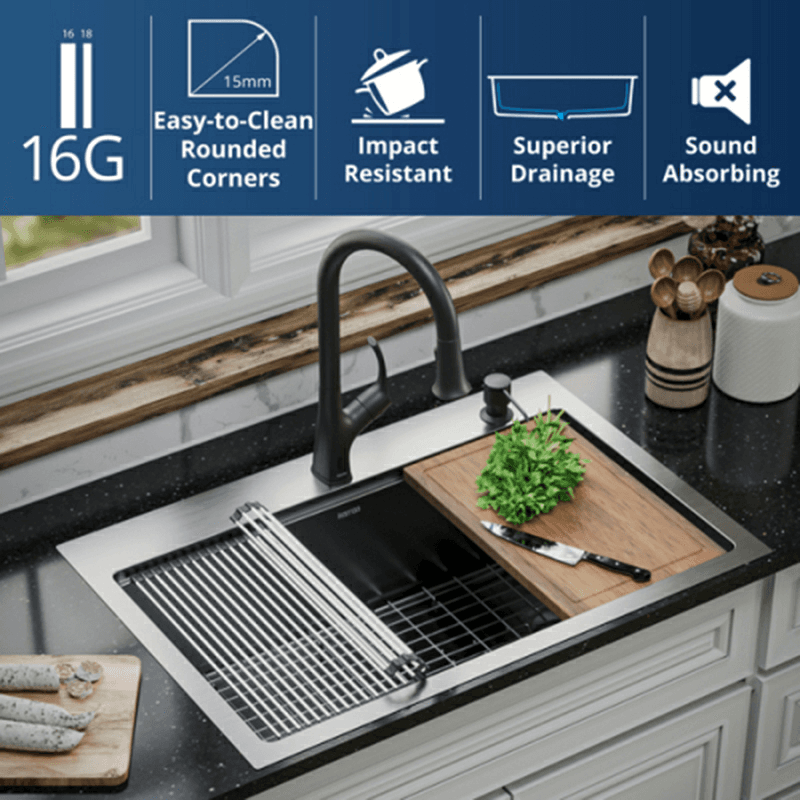 Elite Stainless Steel Top-Mount Single Bowl Workstation Kitchen Sink Kit with Right Drain, 33" x 22" x 10" Alt 5 - Image