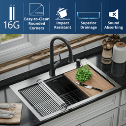 Elite Stainless Steel Top-Mount Single Bowl Workstation Kitchen Sink Kit with Right Drain, 33" x 22" x 10" Alt 5 - Image