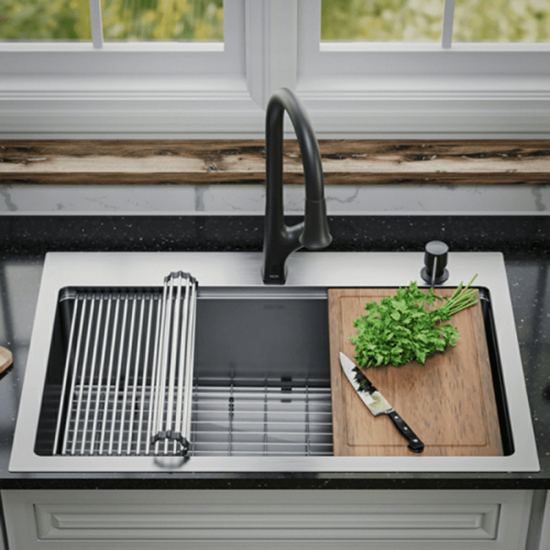 Elite Stainless Steel Top-Mount Single Bowl Workstation Kitchen Sink Kit with Right Drain, 33" x 22" x 10" Alt 8 - Image
