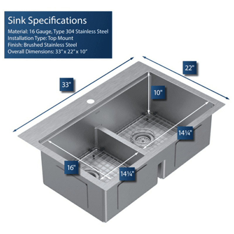 Elite Stainless Steel Top-Mount 16G Double Bowl Workstation Kitchen Sink Kit, 33" x 22" x 10" Alt 7 - Image