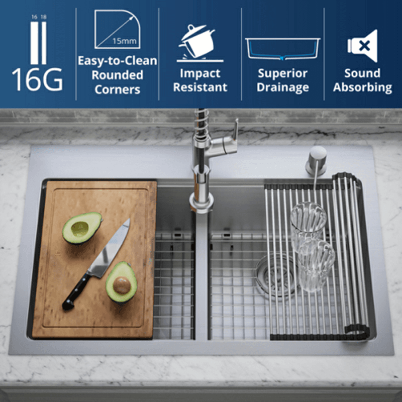 Elite Stainless Steel Top-Mount 16G Double Bowl Workstation Kitchen Sink Kit, 33" x 22" x 10" Alt 8 - Image