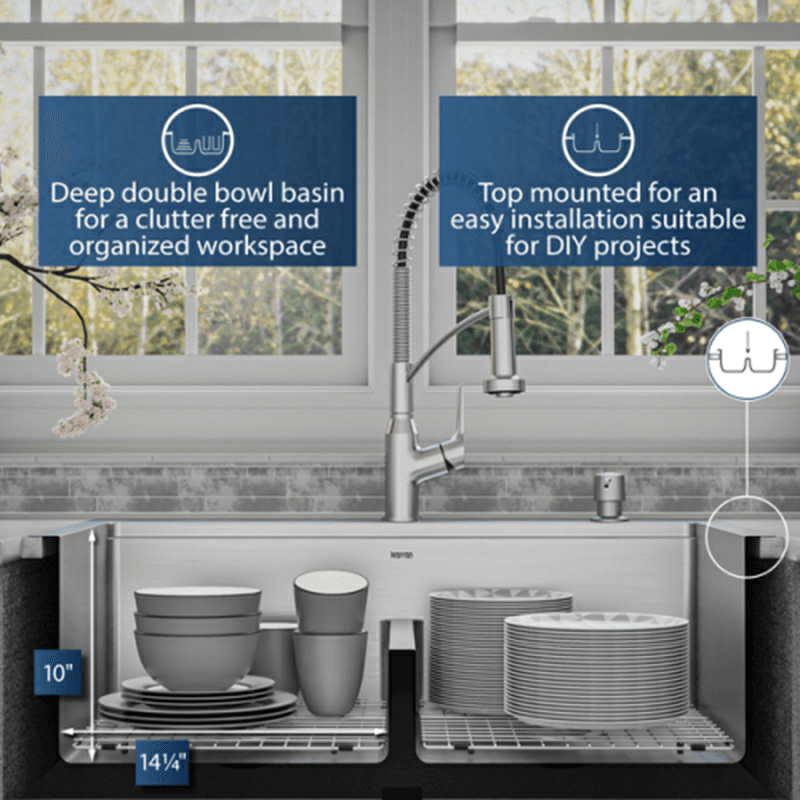 Elite Stainless Steel Top-Mount 16G Double Bowl Workstation Kitchen Sink Kit, 33" x 22" x 10" Alt 9 - Image
