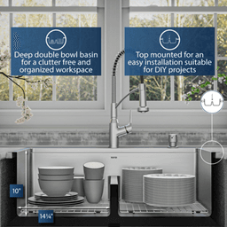 Elite Stainless Steel Top-Mount 16G Double Bowl Workstation Kitchen Sink Kit, 33" x 22" x 10" Alt 9 - Image