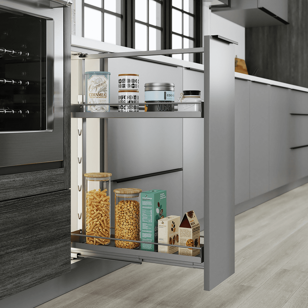 3-3/8&quot; DISPENSA Base Cabinet Organizer Pull-Out with Soft-Close/Metal Shelves, Silver, 24&quot; - 32&quot; Height Alt 1 - Image