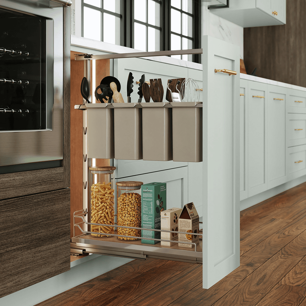 5&quot; DISPENSA Base Cabinet Organizer Pull-Out with Soft-Close/Arena Plus Classic Shelves/Two Rails, Champagne/Maple, 20&quot; - 28&quot; Height Alt 1 - Image