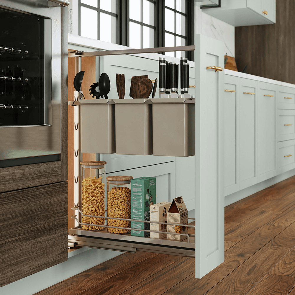 5&quot; DISPENSA Base Cabinet Organizer Pull-Out with Soft-Close/Arena Plus Classic Shelves/Two Rails, Champagne/Maple, 20&quot; - 28&quot; Height Alt 2 - Image