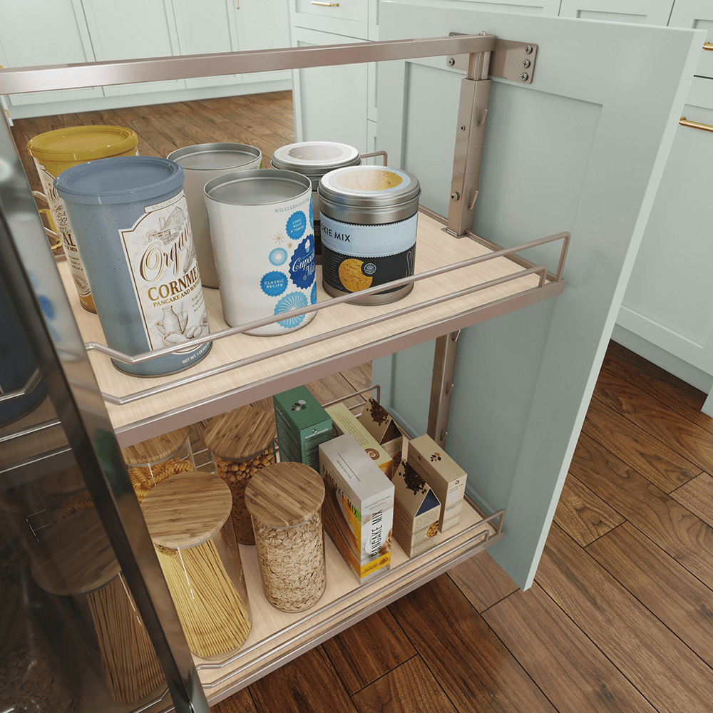 5&quot; DISPENSA Base Cabinet Organizer Pull-Out with Soft-Close/Arena Plus Classic Shelves/Two Rails, Champagne/Maple, 20&quot; - 28&quot; Height Alt 8 - Image