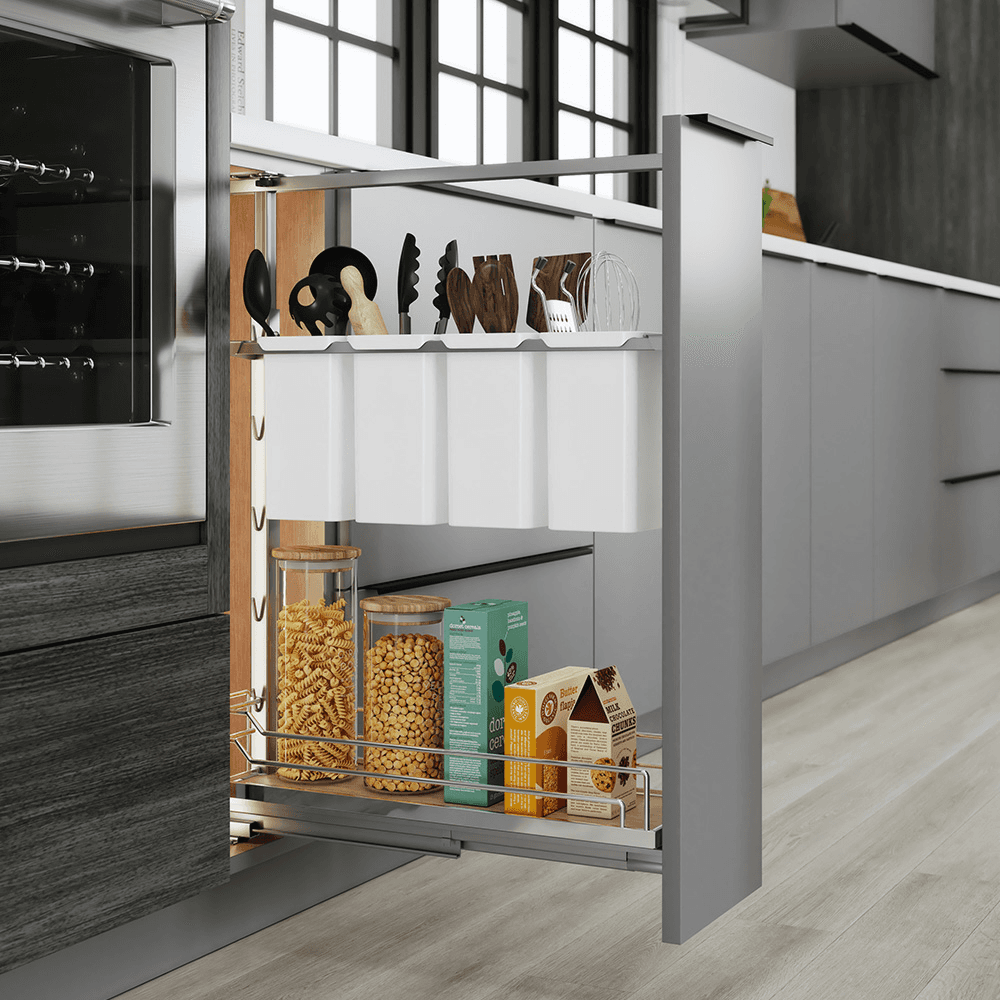 14&quot; DISPENSA Base Cabinet Organizer Pull-Out with Soft-Close/Arena Plus Classic Shelves/Two Rails, Chrome/Maple, 24&quot; - 32&quot; Height Alt 6 - Image