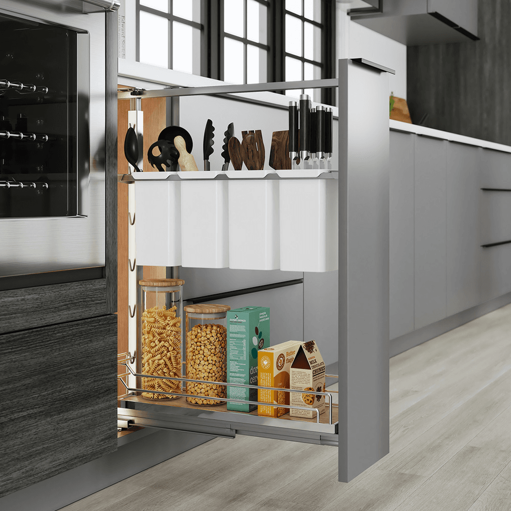 14&quot; DISPENSA Base Cabinet Organizer Pull-Out with Soft-Close/Arena Plus Classic Shelves/Two Rails, Chrome/Maple, 24&quot; - 32&quot; Height Alt 7 - Image