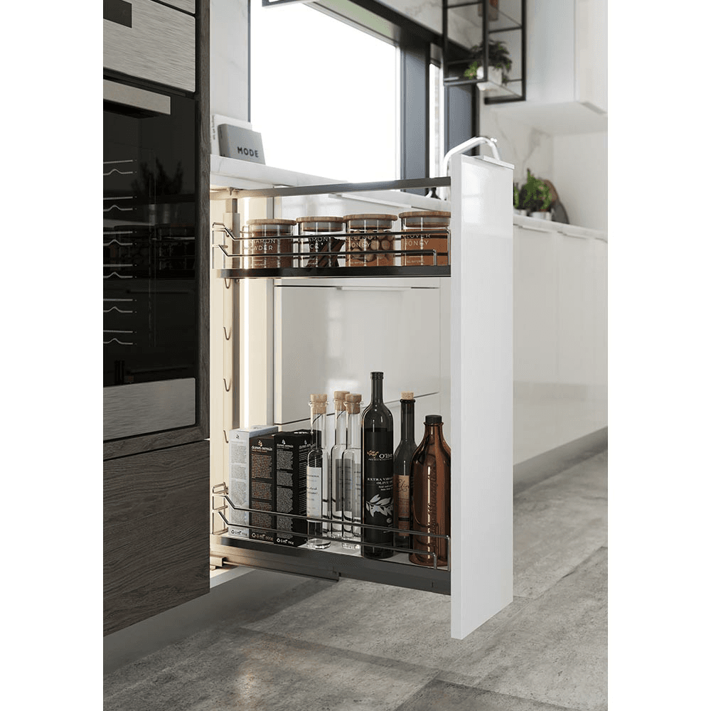 7&quot; DISPENSA Base Cabinet Organizer Pull-Out with Soft-Close/Arena Plus Classic Shelves/Two Rails, Chrome/White, 24&quot; - 32&quot; Height Alt 1 - Image