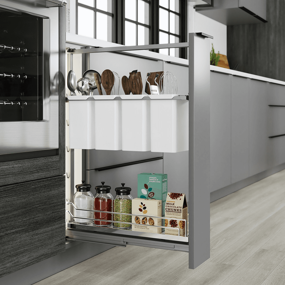 7&quot; DISPENSA Base Cabinet Organizer Pull-Out with Soft-Close/Arena Plus Classic Shelves/Two Rails, Chrome/White, 24&quot; - 32&quot; Height Alt 10 - Image