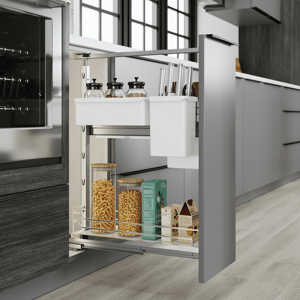 7&quot; DISPENSA Base Cabinet Organizer Pull-Out with Soft-Close/Arena Plus Classic Shelves/Two Rails, Chrome/White, 24&quot; - 32&quot; Height Alt 11 - Image
