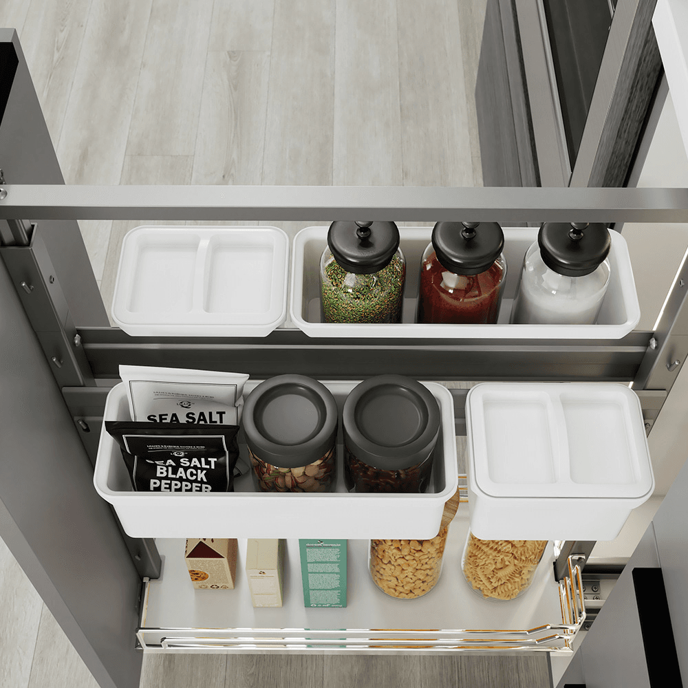 7&quot; DISPENSA Base Cabinet Organizer Pull-Out with Soft-Close/Arena Plus Classic Shelves/Two Rails, Chrome/White, 24&quot; - 32&quot; Height Alt 12 - Image