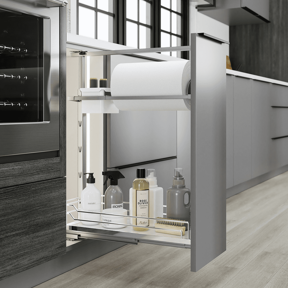 7&quot; DISPENSA Base Cabinet Organizer Pull-Out with Soft-Close/Arena Plus Classic Shelves/Two Rails, Chrome/White, 24&quot; - 32&quot; Height Alt 4 - Image