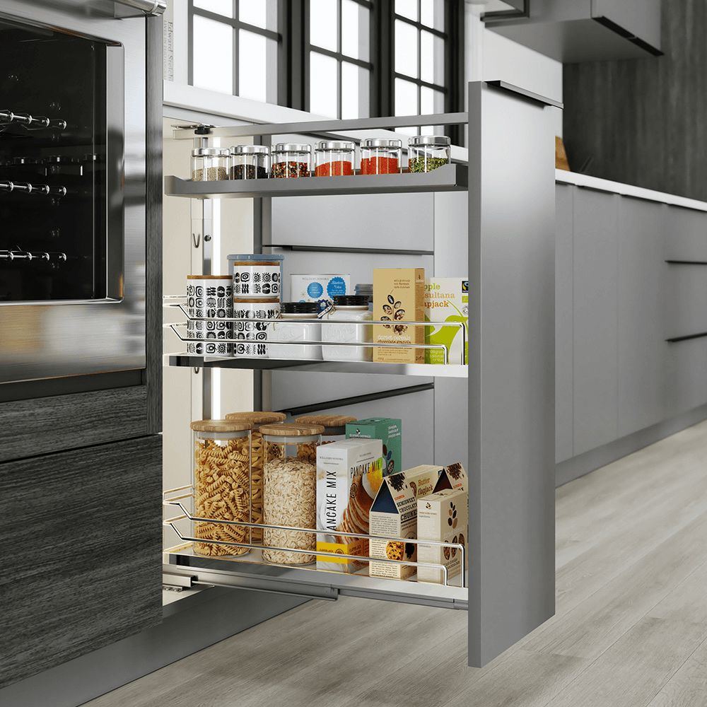 7&quot; DISPENSA Base Cabinet Organizer Pull-Out with Soft-Close/Arena Plus Classic Shelves/Two Rails, Chrome/White, 24&quot; - 32&quot; Height Alt 5 - Image