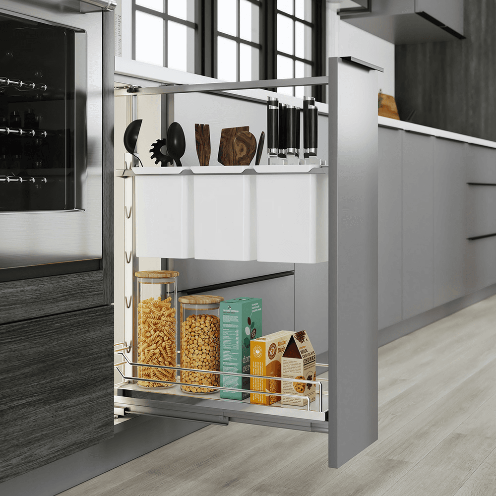 7&quot; DISPENSA Base Cabinet Organizer Pull-Out with Soft-Close/Arena Plus Classic Shelves/Two Rails, Chrome/White, 24&quot; - 32&quot; Height Alt 9 - Image