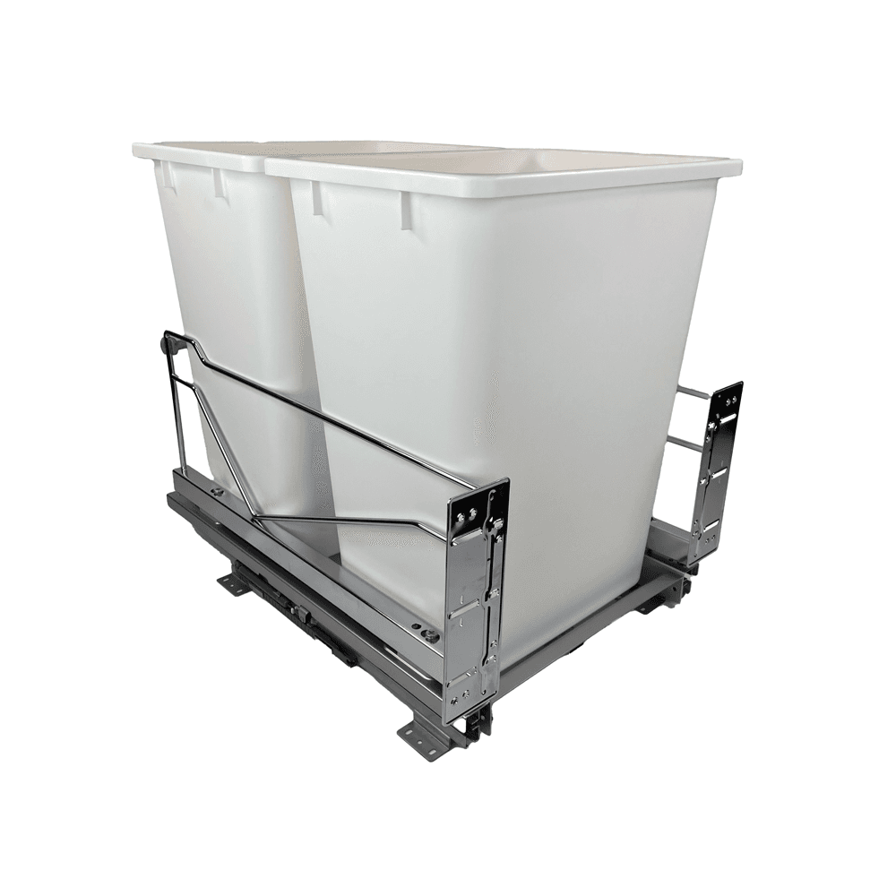 Double 36 QT Bottom-Mount Wastebin Pull-Out Kit with Soft-Open/Soft-Close, Chrome/White Main - Image