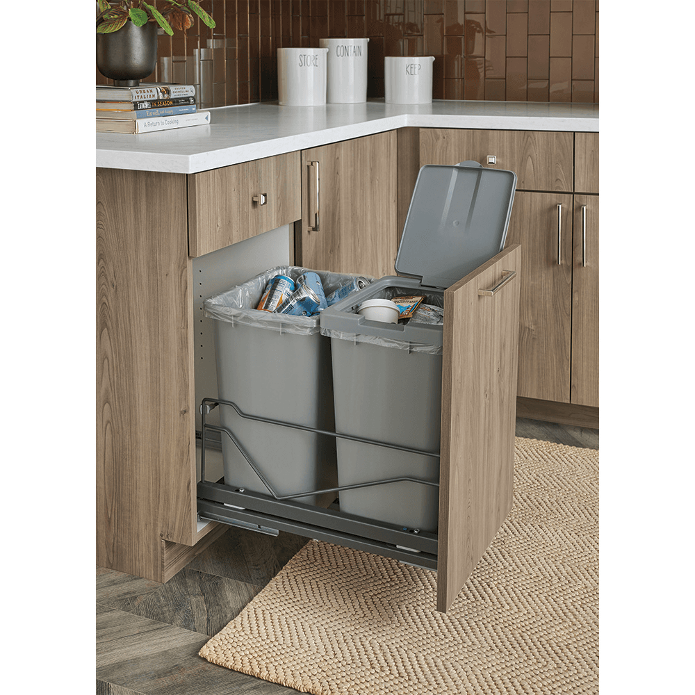 Double 36 QT Bottom-Mount Wastebin Pull-Out Kit with Soft-Open/Soft-Close, Silver/White Alt 1 - Image