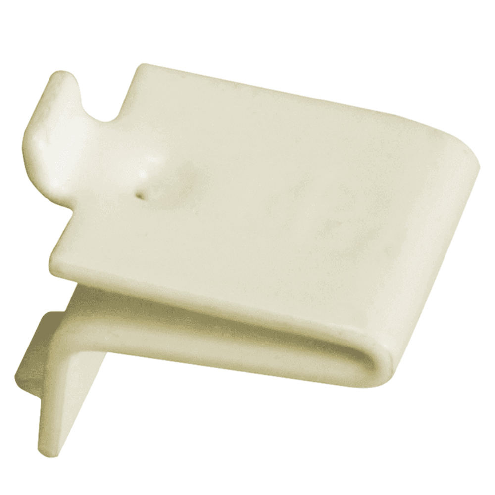 Almond finish KV256 steel shelf support clip for solid shelf and pilaster standards, patented design with strength increasing dimple.