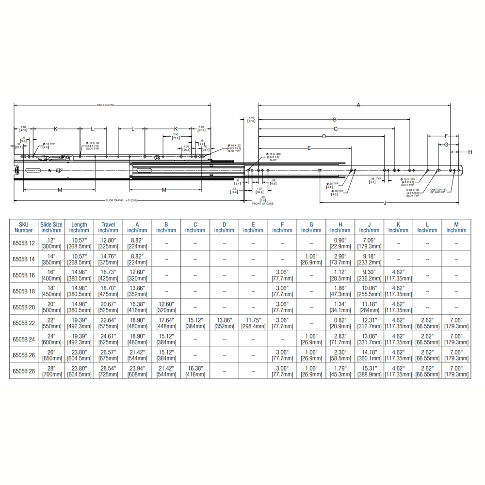 KV6505 Overtravel Drawer Slide - Drilling Pattern