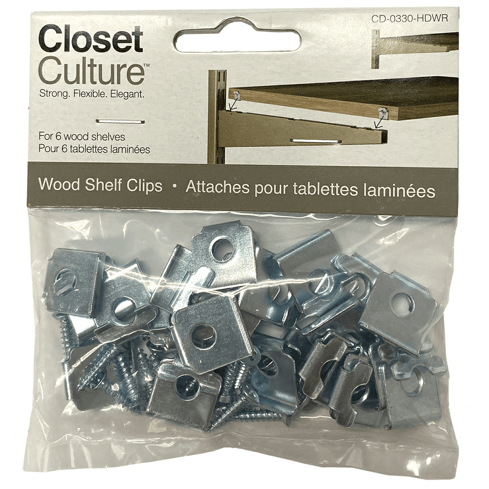 Champagne Nickel finish shelf hardware pack with clips and screws for Closet Culture modular closet system from Knape and Vogt