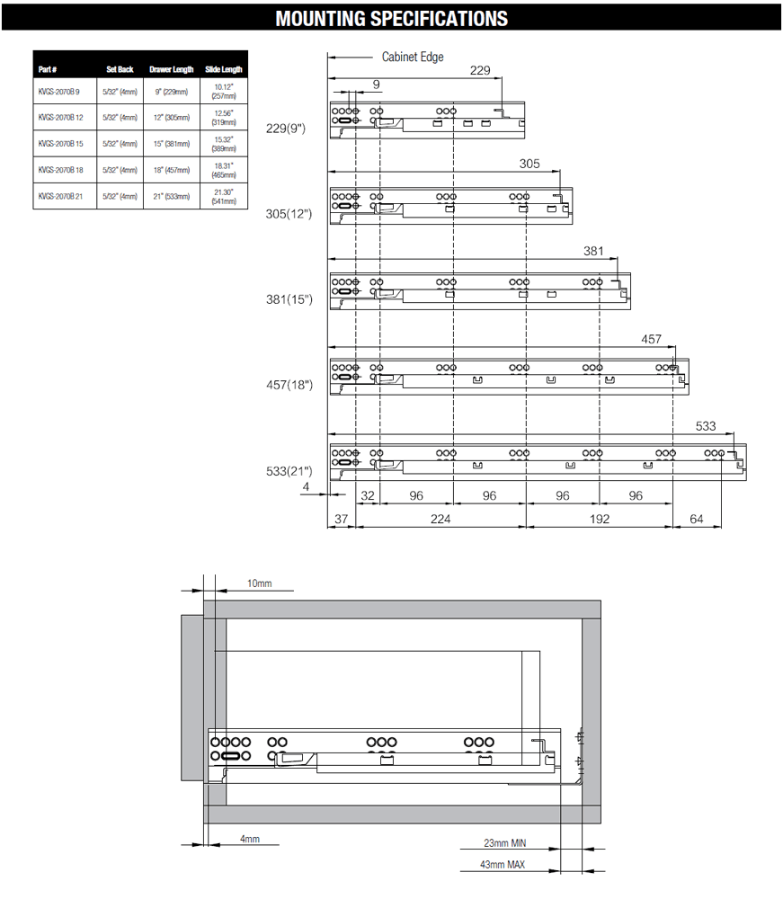 Illustration of 9" GS2070 Undermount Drawer Slide for 5/8" Material, 75lb Capacity, Full Extension, Soft-Closing - Knape And Vogt