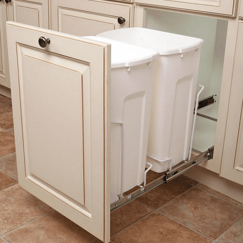 Double 35 QT Bottom-Mount Waste Container Pullout with Soft-Closing for 15" Width Cabinet Opening, White - Alt Image 2