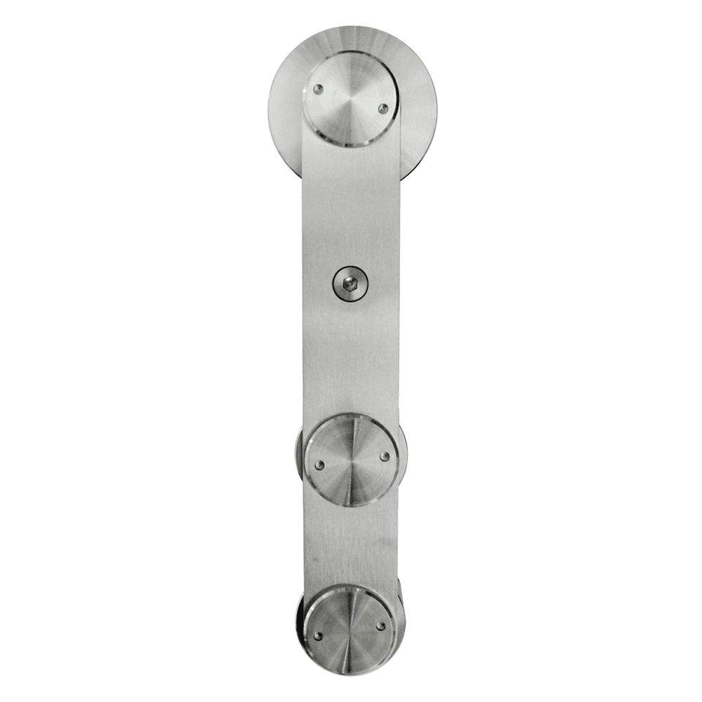 Barn door strap stick carrier kit in stainless steel finish with anti-jump bumpers and ball-bearing carriers