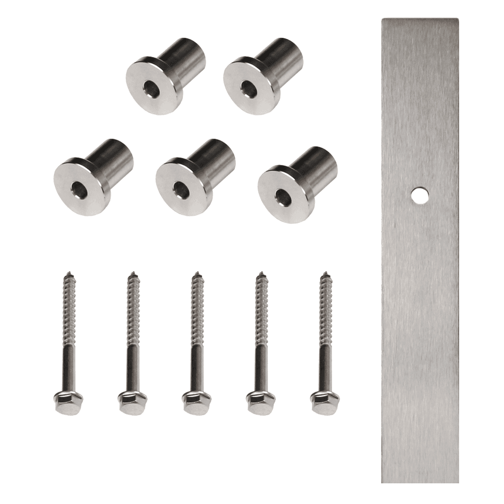 Knape & Vogt 72" stainless steel barn door hardware kit with 5 mounting brackets and flat rail.